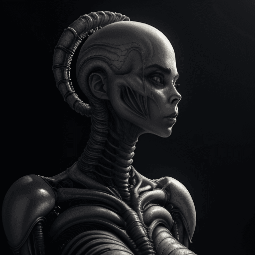 AI generated: Sarah Silverman in the style of HR Giger from the movie Alien, beautiful organic biotech cyborg soft...