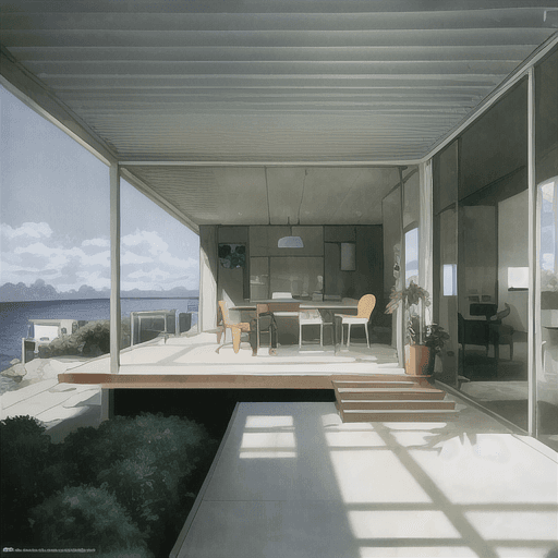 AI generated: hyper realistic eye level exterior photo of a mid century modern style house overlooking the ocean, ...