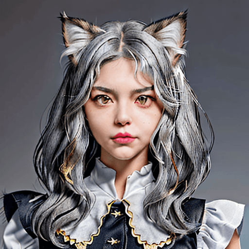 AI generated: The character has short, layered gray hair with slightly wavy tips, complemented by prominent cat ea...