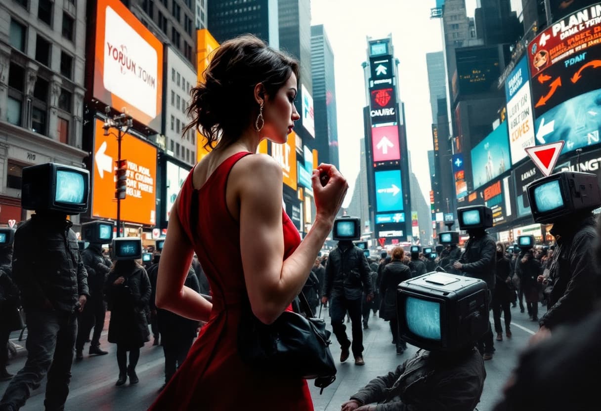 AI generated: city. woman in a red dress, clenching her fists. people around with TVs instead of heads. lots of si...