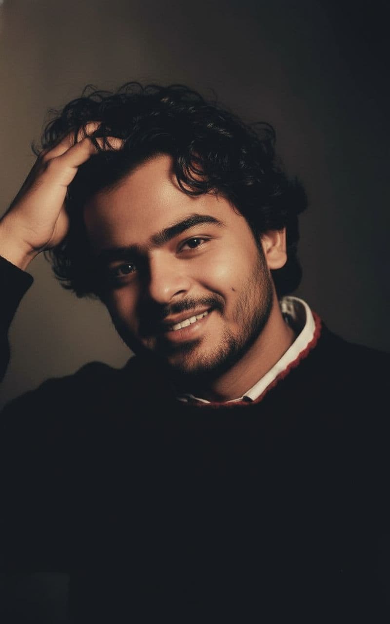 AI generated: A young man with dark, curly hair and a short beard, captured in a warm, low-key lighting setup. He ...