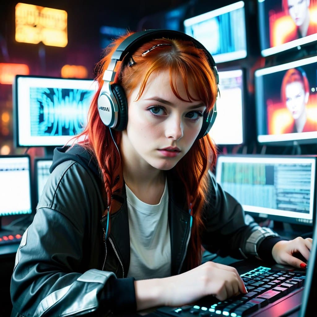 AI generated: epic realistic, DV_Darlene_Vicious, A girl with red hair is wearing headphones and facing a computer...