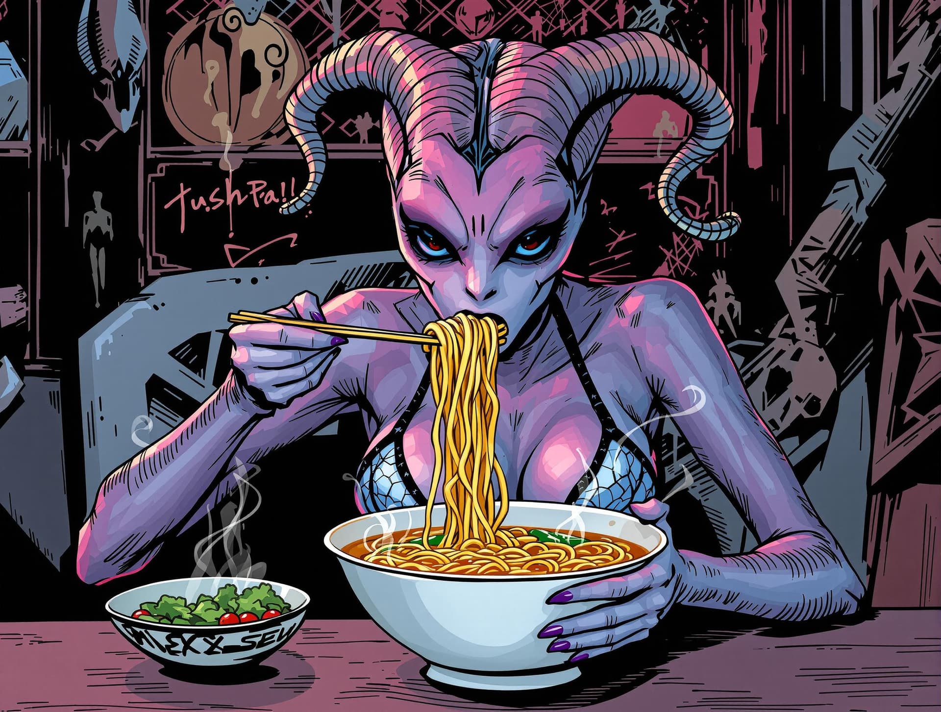 AI generated: Just a hot alien girl drinking some noodle soup with lingerie on