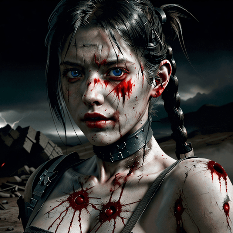 AI generated: portrait of post apocalyptic female warrior horror survivor, empty expression, blood bleeding splatt...