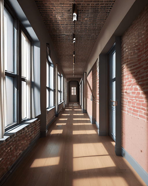 AI generated: High resolution photography of interior design, OF A CORRIDOR INSIDE A HOUSING BUILDING WITH TWO BRI...