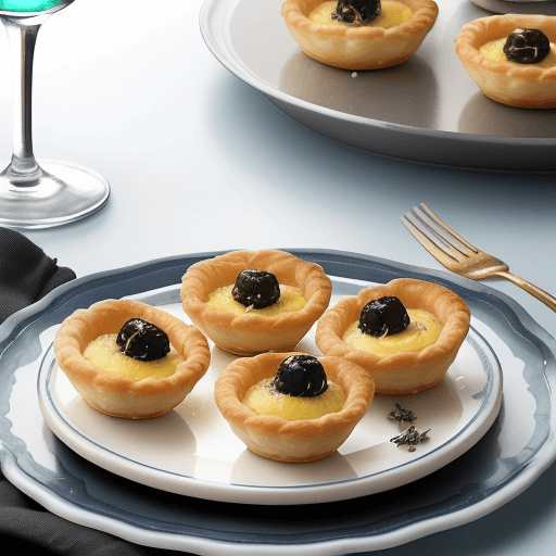 AI generated: Create a mouth-watering display of finished cheese tartlets filled with small cubes of blue mould ch...