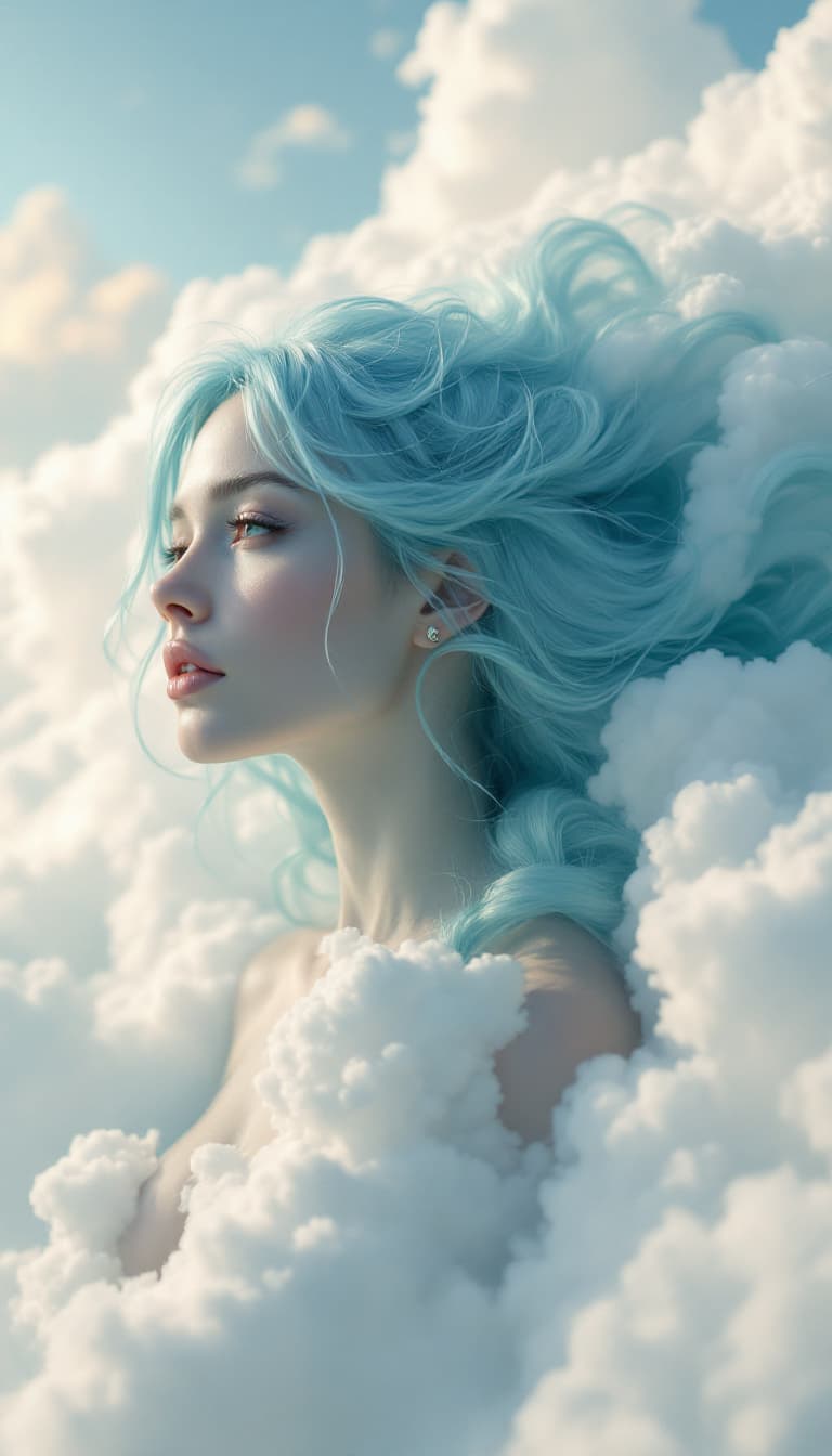 AI generated: Fantasy sky queen with clouds hair :: photorealistic::1 natural lighting::1 macro lens::1 garald bro...