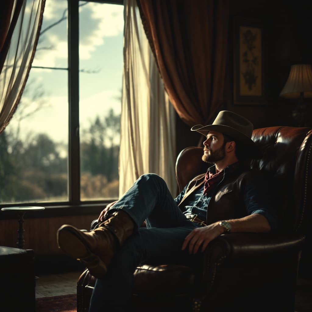 AI generated: Looking across the room at cowboy sitting in leather chair with legs stretched out 