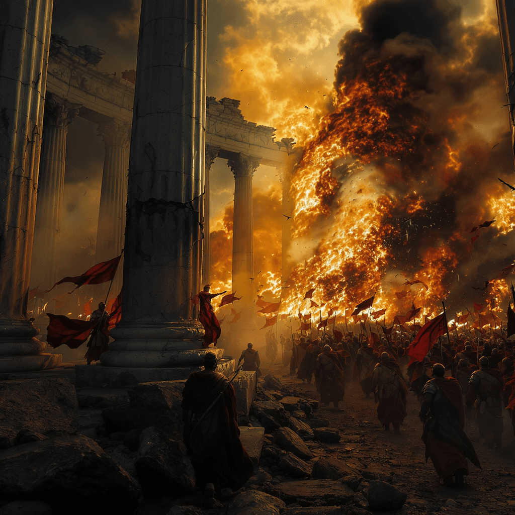 AI generated: 1.	The Fall of the Roman Empire
Prompt: “Cinematic trailer of the final days of the Roman Empire – ...