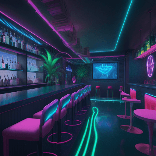 AI generated: bar, lounge, tropical interior, cypepuck, futuristic, neon light, hyper realism, high detail, octane...