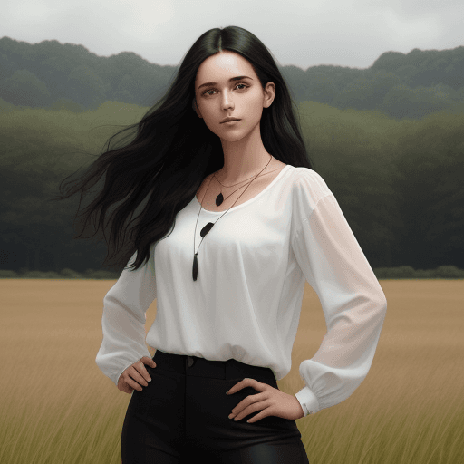 AI generated: The image features a beautiful young woman standing in a field, wearing a white shirt and black pant...