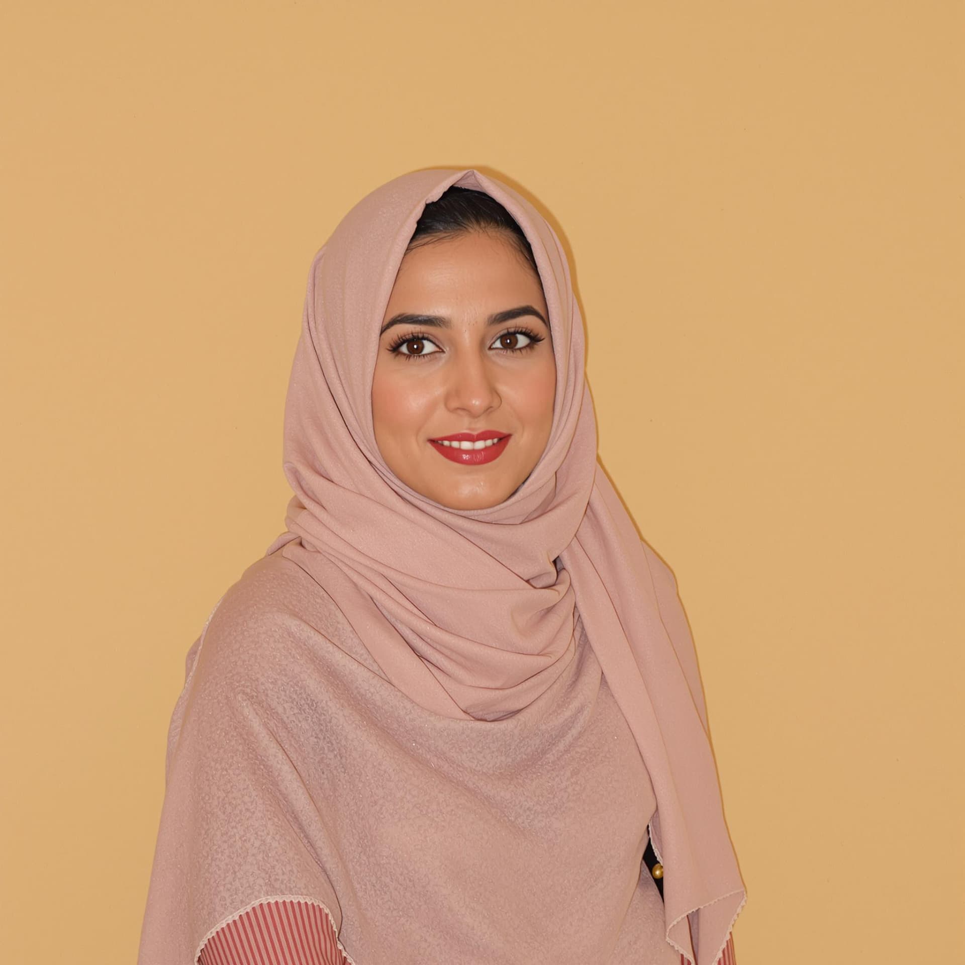 AI generated:  Arab woman 30 posing against a warm beige backdrop.
