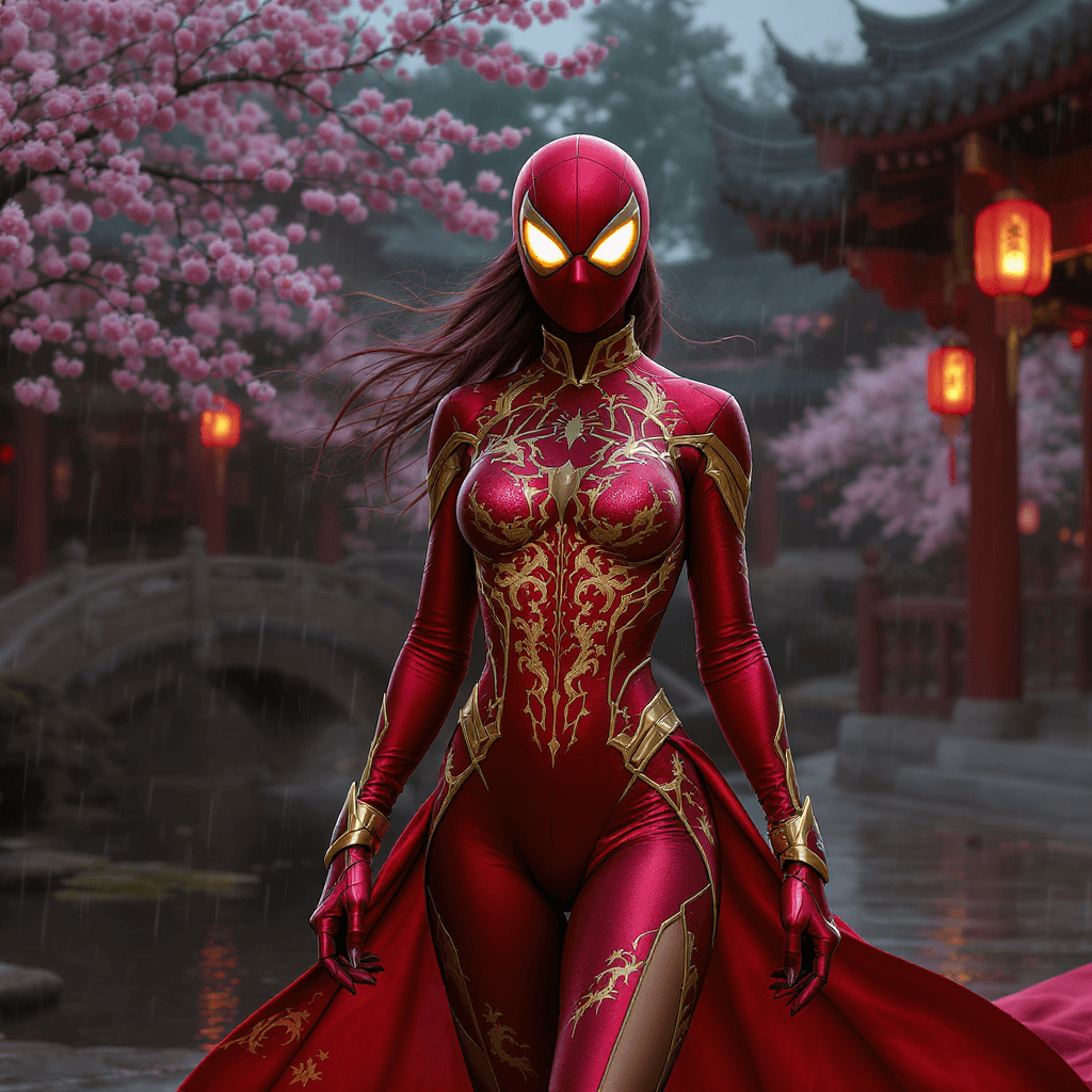 AI generated: Ultra-realistic female Spider-Woman, full-body view, photorealistic 8K rendering, wearing a sleek, f...