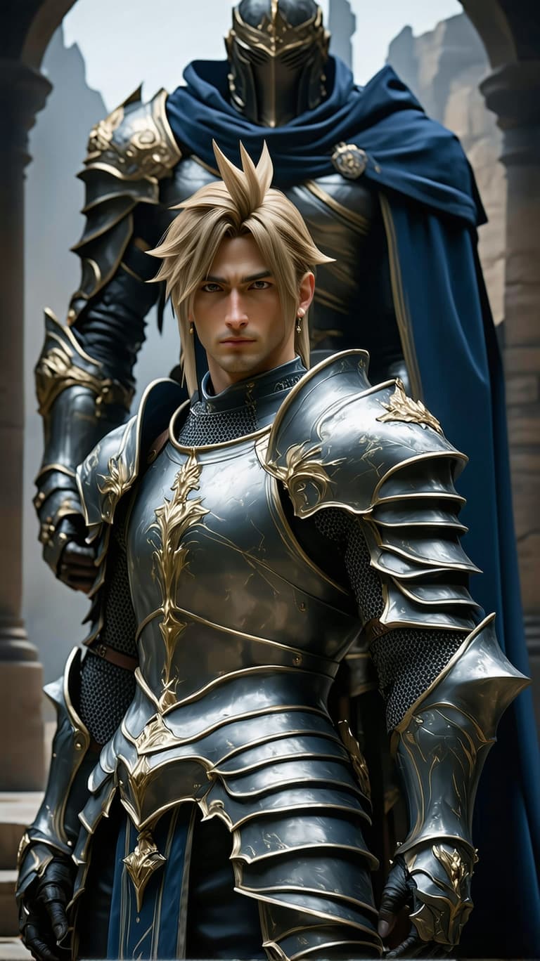 AI generated: An ultra-realistic, zoomed out, front facing, full-body portrait of a Final fantasy paladin with the...
