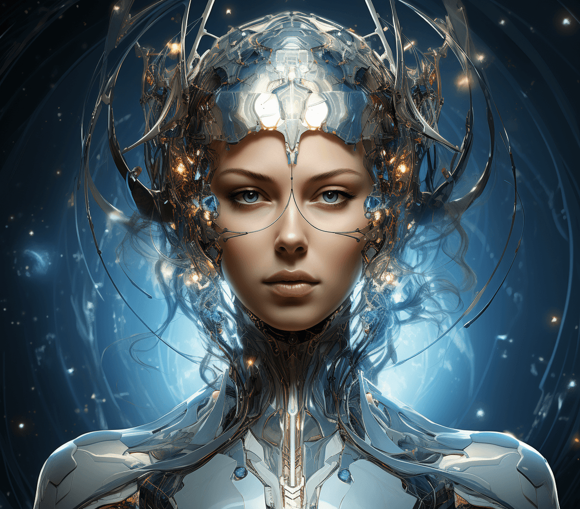AI generated: the robotic body is framed by some light and stars, in the style of silver and azure, strong facial ...
