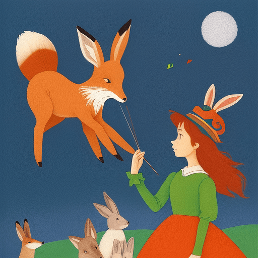 AI generated: A girl waving a felt needle and the felt fibers in front of her, flying on the air, start to create ...