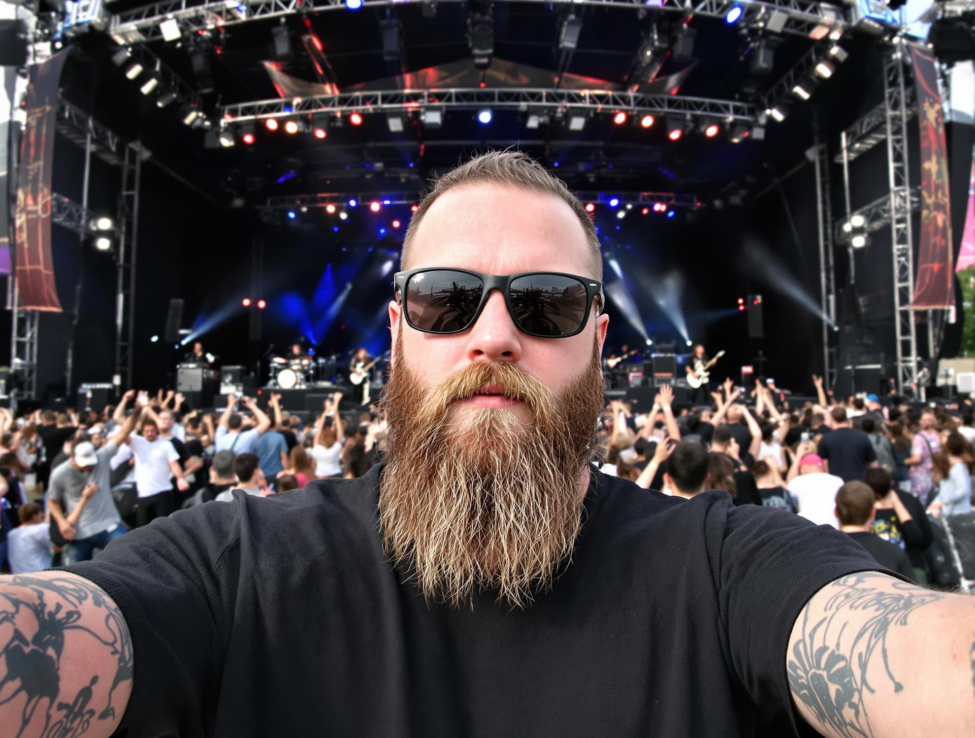 AI generated: A young Caucasian man with short brown hair, a long beard, wearing sunglasses and a black t-shirt, s...