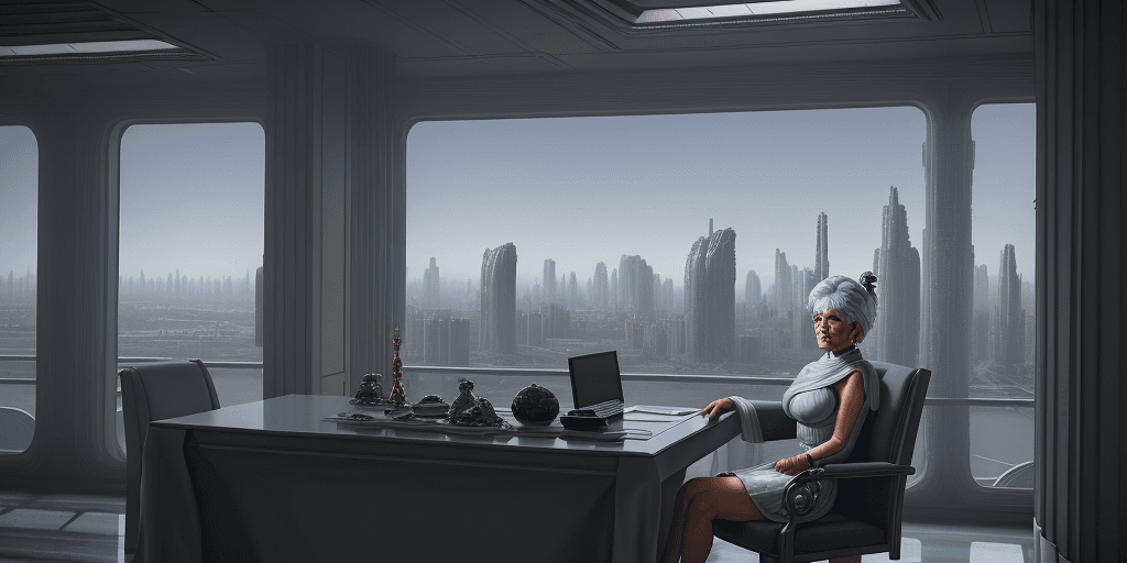 AI generated: Woman, 60 years old , short grey hair, dressed in a futuristic toga , sitting by her imperial office...
