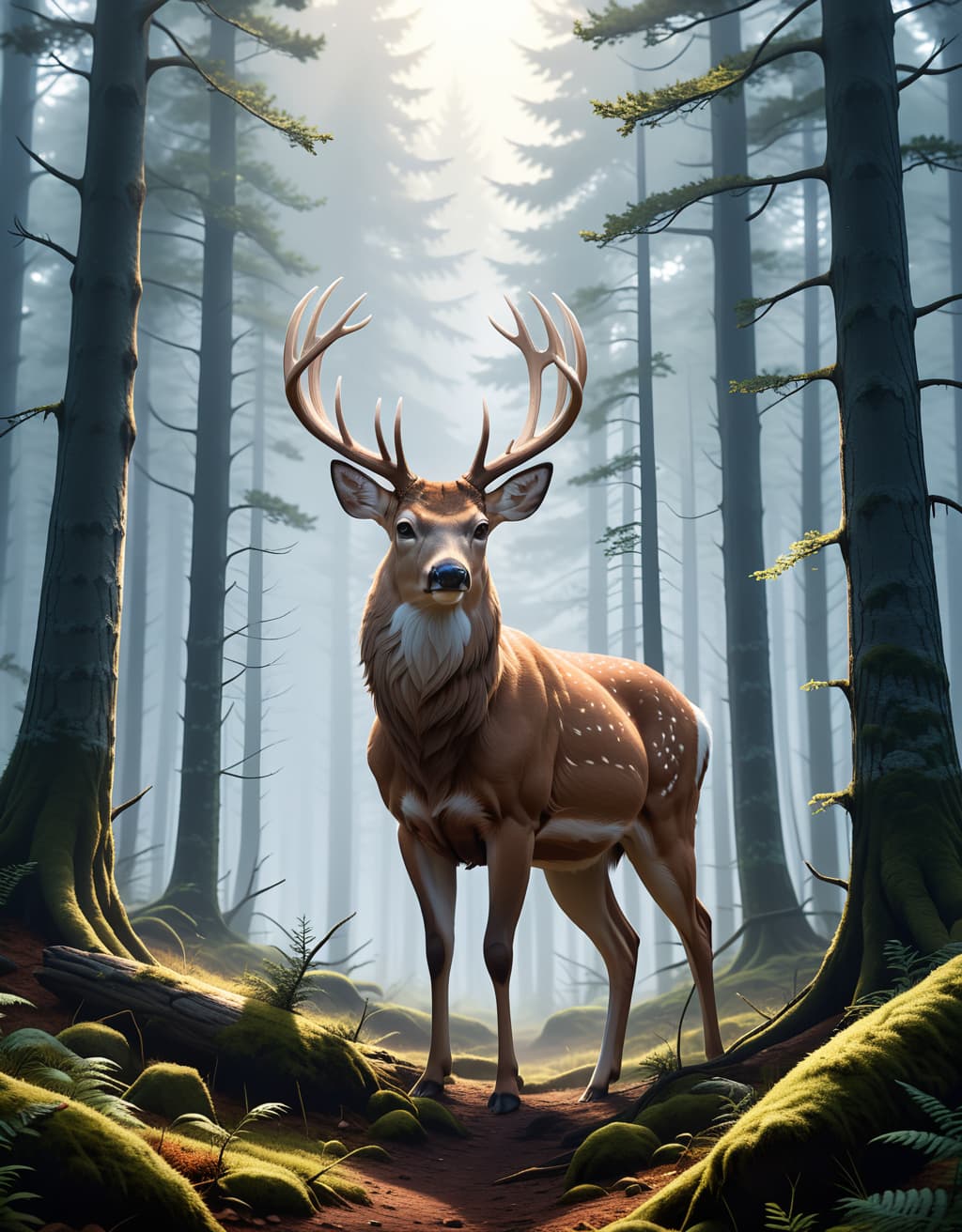 AI generated: Digital-painting of a 1 whitetail-deer stands in the distance, forest, fog, early-morning (Instagram...