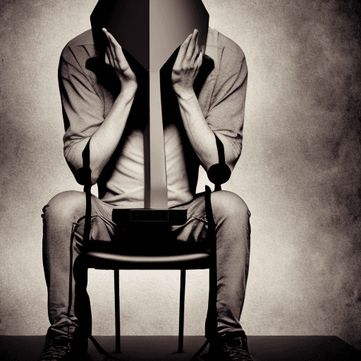 AI generated: a man, depressed, dark atmosphere, dark room with red tint, height 6 ft, sitting on a gaming chair, ...