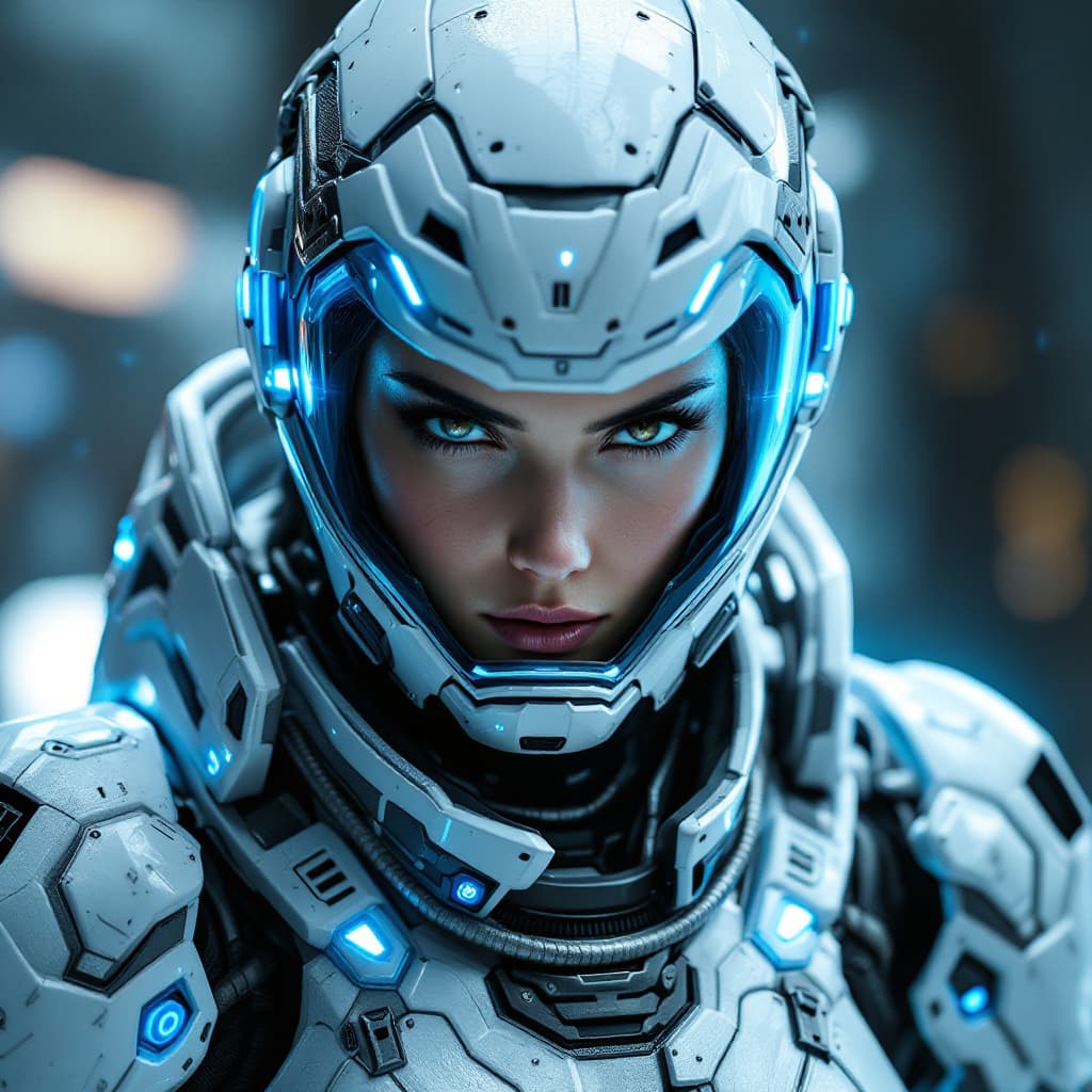 AI generated: female soldier wearing futuristic white battle armor with blue lights, intense and determined expres...
