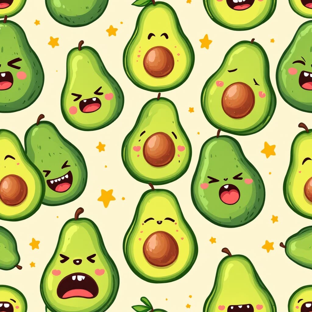 AI generated: "Seamless pattern of cute illustrated avocados with exaggerated funny faces, each expressing a diffe...