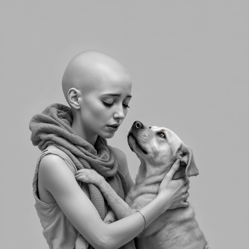 AI generated: A heartwarming scene of a sad teary eyed bald young woman   and a dog sharing a moment of companions...