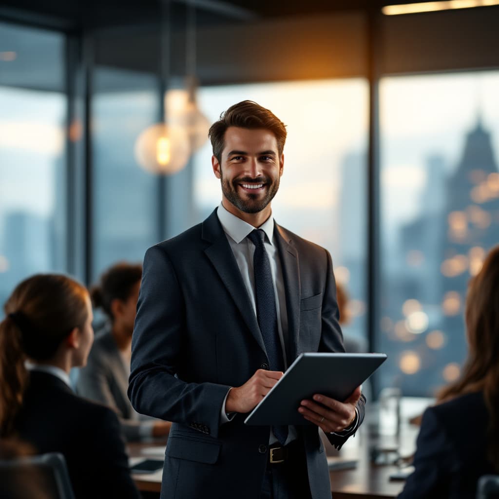 AI generated: Create a professional and dynamic image showcasing a confident sales executive in a modern corporate...