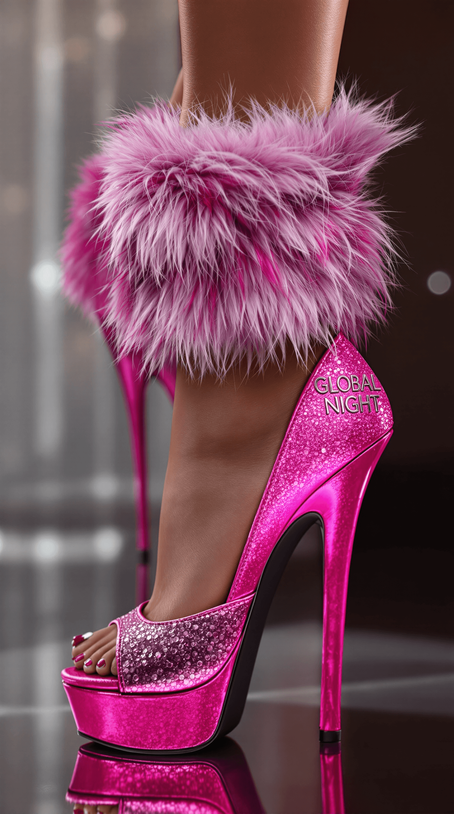 AI generated: A extrem sexy high pink high heel with a fur Band and the text "GLOBAL NIGHT"