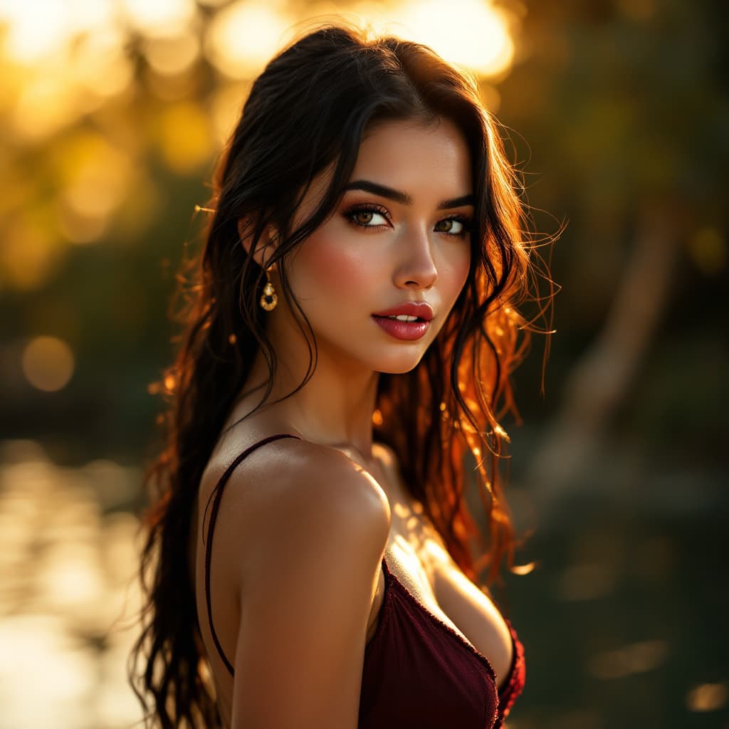 AI generated: Glam shot photo of a pretty lady, side view portrait, red dress, golden hour, digital colors, realis...