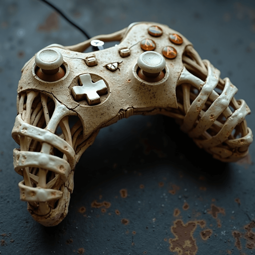 AI generated: An eerie (Xbox controller) crafted entirely from twisted, rib-like bones rests on a dark, weathered ...