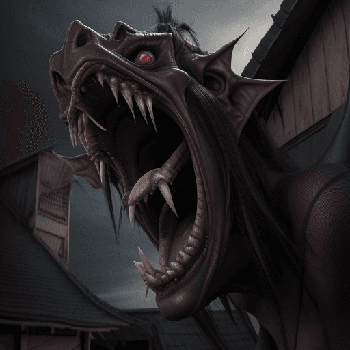 AI generated: Aswang, female scary creature with fangs, at the roof of a house fighting with a knigth, Philippines...
