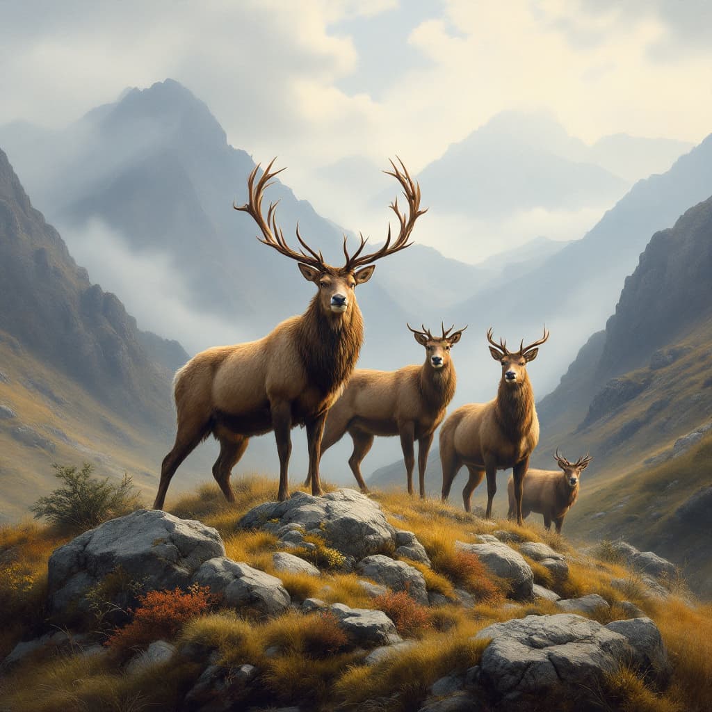 AI generated: A majestic scene of Highland wildlife, featuring a group of stags standing proudly on a rocky hill w...
