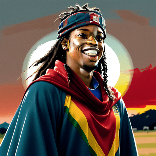 AI generated: Brazilian soccer star Ronaldinho, western setting, red poncho, cape, setting sun in background, smil...