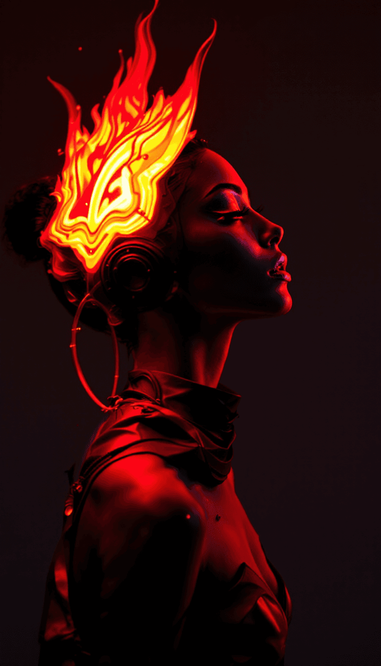 AI generated: side profile of a cute dancer with futuristic costume and makeup under a luminescent red light, shar...
