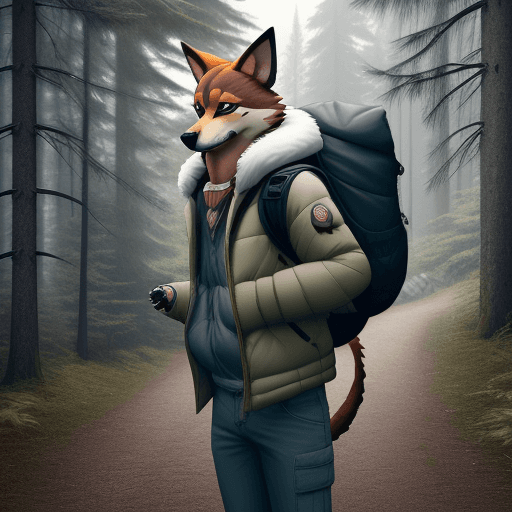 AI generated: furry, fursona, anthro, dog male, anthropomorphic, clothed, puffy jacket, backpack, (subject on the ...