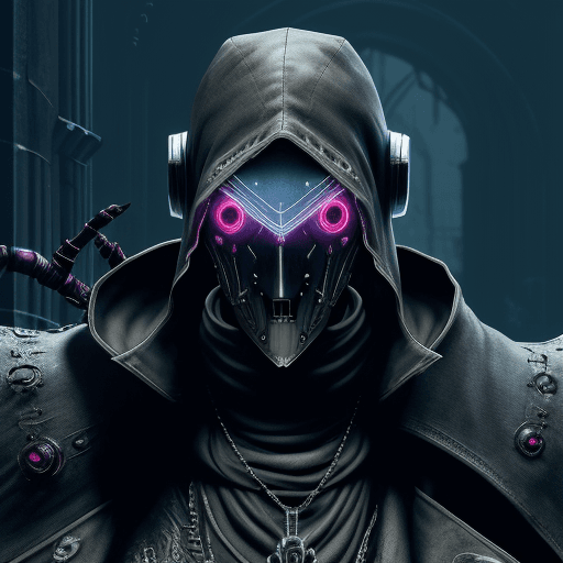 AI generated: cyber punk robot, dark soul blood borne boss, face hidden, RTX technology, high resolution, light sc...