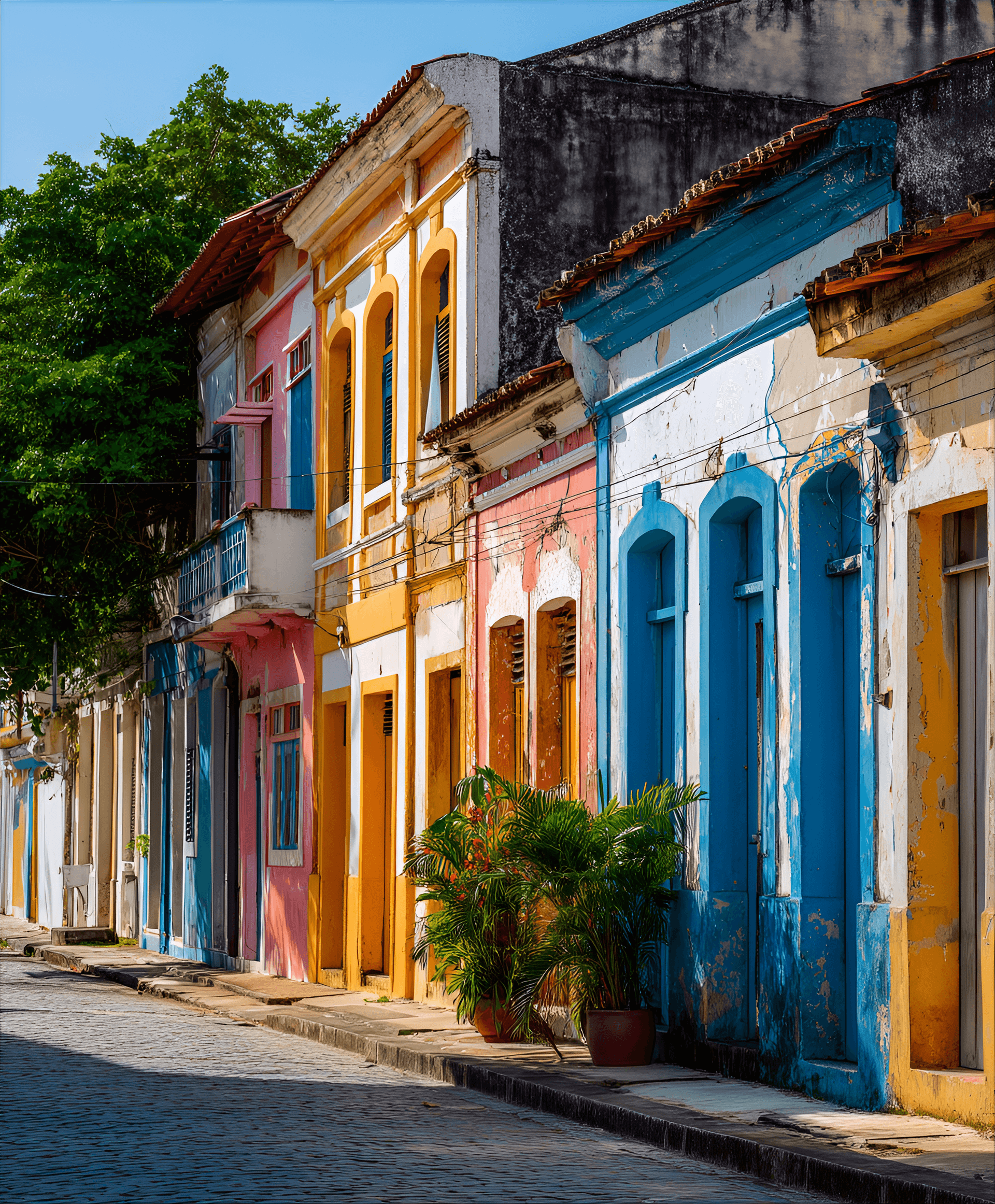 AI generated: Colonialera Portuguese houses in Olinda, Brazil, colorful facades, high windows, narrow streets, tro...