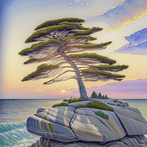 AI generated: a painting of a tree sitting on top of a rock, a watercolor painting, inspired by Arthur Lismer, cg ...