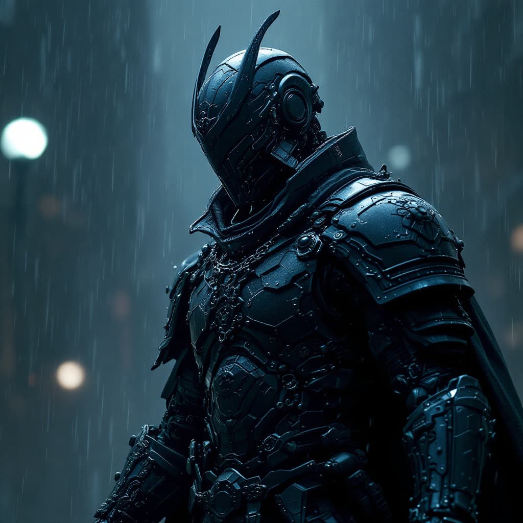 AI generated: epic digital wallpaper of a brutal cyborg samurai in black tech armor, alone, no face, intricate arm...