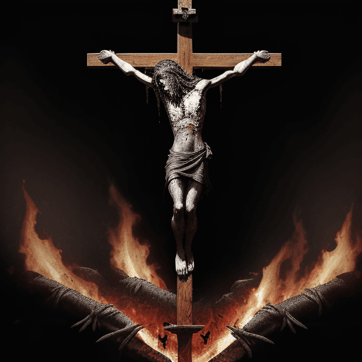 AI generated: a black silhouette of Jesus (head hanging down) nailed to the cross (nail in both of His wrists and ...