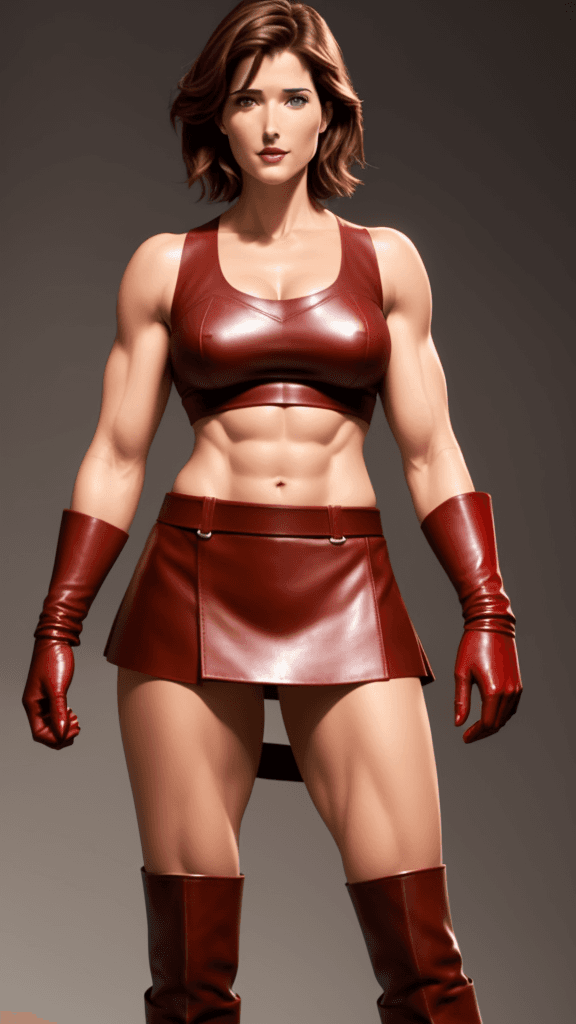 AI generated: Cobie Smulders as strong muscular woman, toned biceps, wears red Leather skirt, red Leather Gloves a...