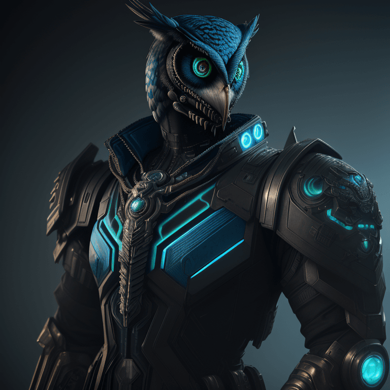 AI generated: Anthropomorphic blue owl, hyperrealistic futuristic soldier wearing cyberpunk venom jacket,big green...
