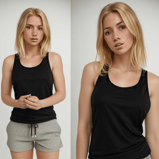 AI generated: blonde hair , black tank top, lifting shirt up, shorts, standing in public, (highly detailed clothes...