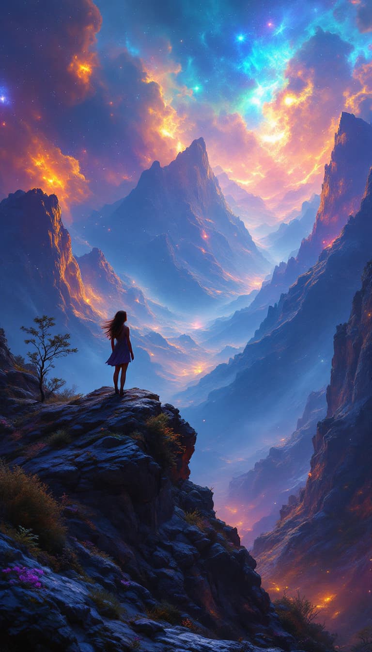AI generated: a woman stand on a mountain and look in a beautiful epic fantasy valley,very colourful,nebulas,anoth...