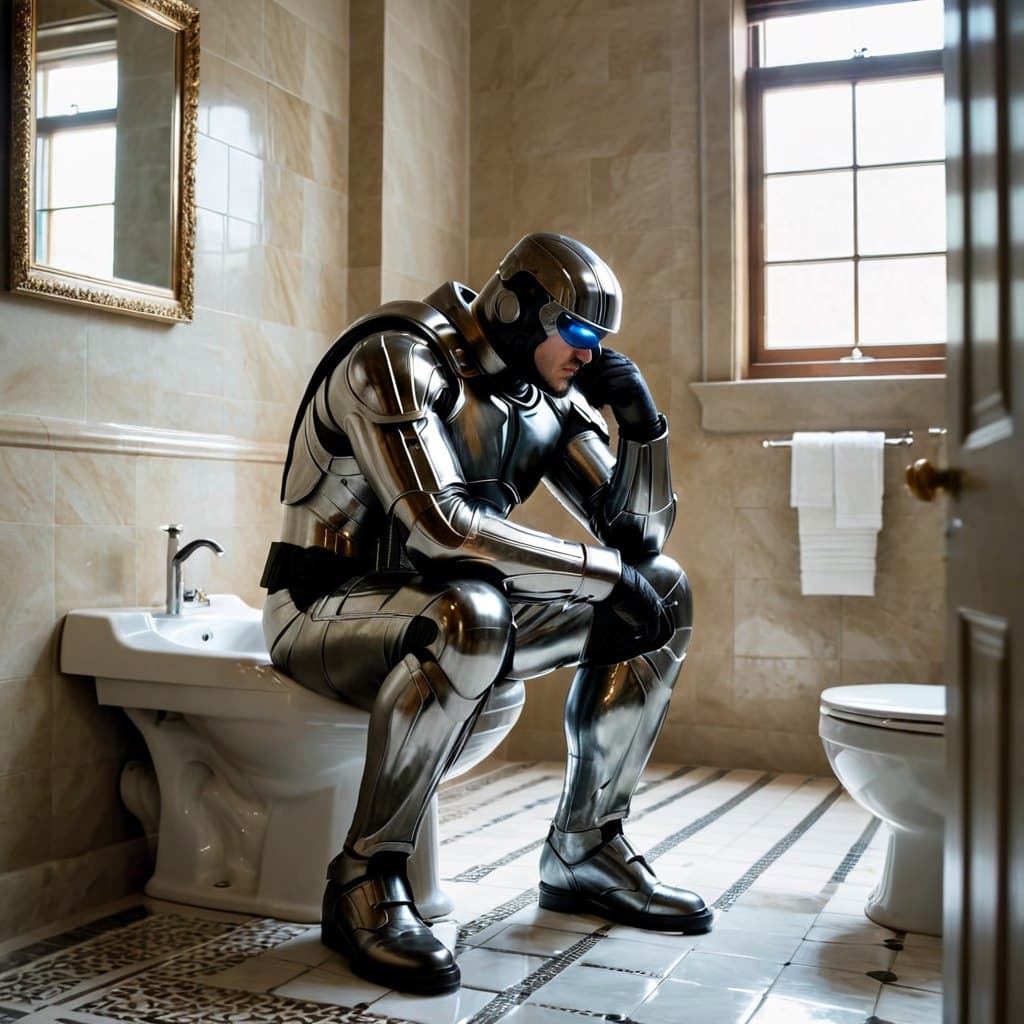 AI generated: solo 4k wide bathroom interior (full-body photo) of the thinker statue by rodin, (chubby robocop:1.3...