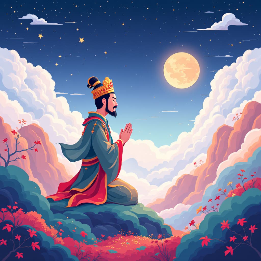 AI generated: China God Prayer Guan Sheng Dijun Flat illustration colorful, medium shot, simple minimalist style, ...