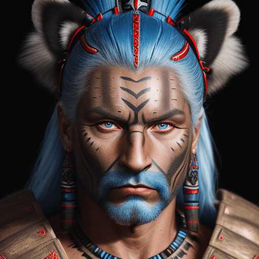 AI generated: hyperrealistic style,portrait photo of a Austrian old warrior chief, tribal panther make up, blue on...