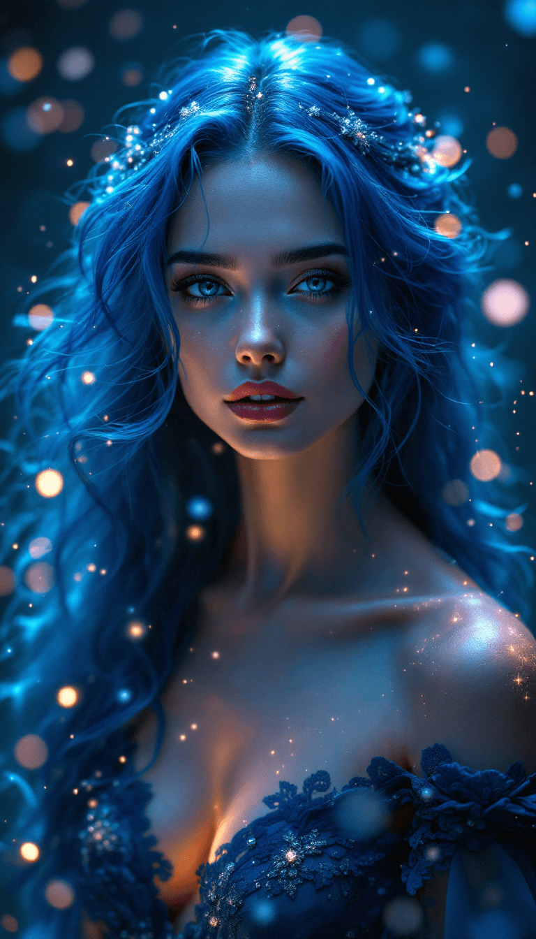 AI generated: prompt: "A breathtaking fantasy portrait of a mysterious woman with flowing, long blue hair that shi...
