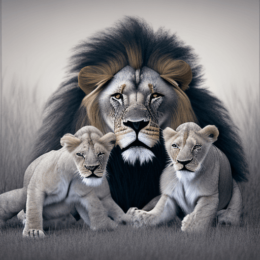 AI generated: lion and his cubs, in the style of nikon d850, combining natural and man-made elements, colorized, j...